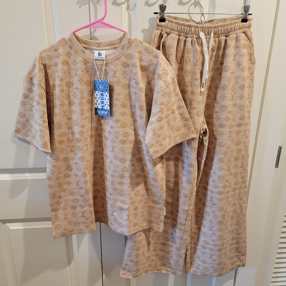 🌞Summer Sale🌞 2pcs Shirt And Pants Stylish Beige Patterned Casual Set